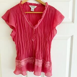 Vintage Y2K ‎ Pink Sheer Delicate Lace Ruffle Top Size Large Coquette Feminine